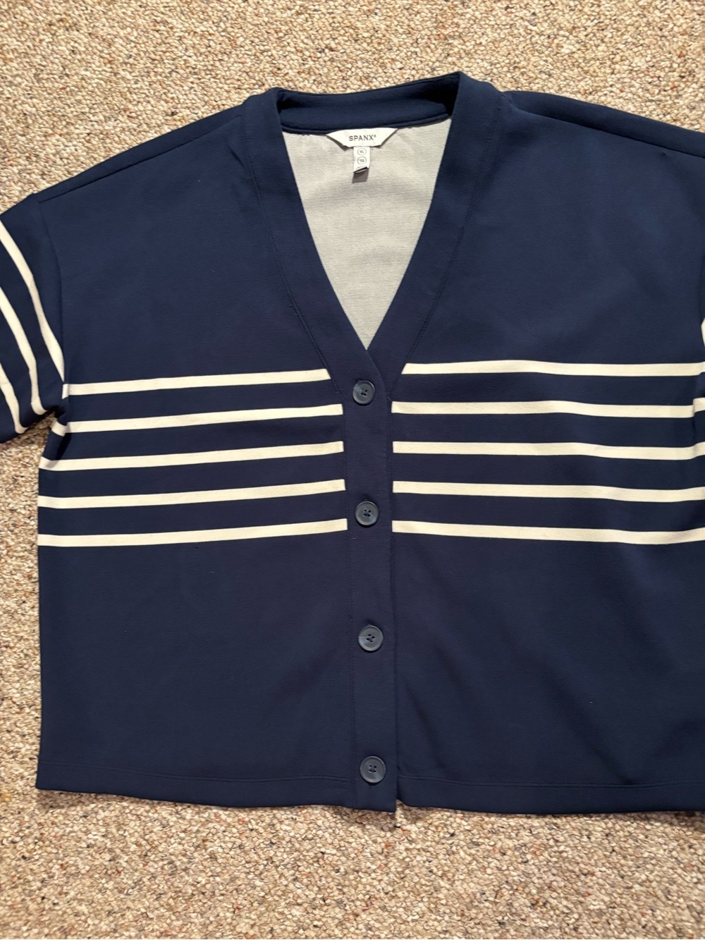 Spanx Navy Stripe V-Neck Button Cardigan Sweater - Picture 5 of 10